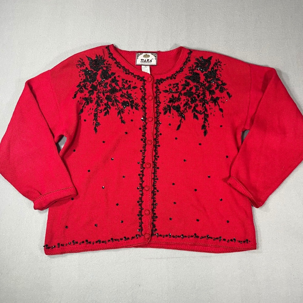 Vintage Tiara International Red Blk Beaded embroidered‎ Cardigan Sweater Women L